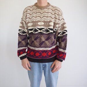 '80s London Fog Taupe Purple 3D Biggie Cosby Chunky Knit Crewneck Sweater L